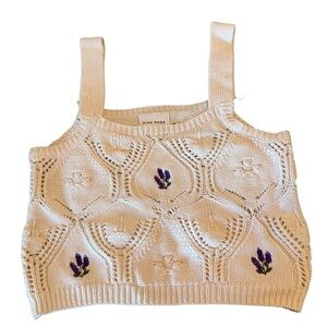 Pink Rose Cream Knit Cropped Tank with Purple Floral Accents